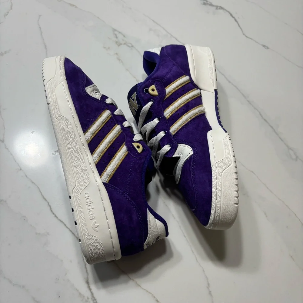 adidas Purple Suede Sneakers with White and Gold Accents